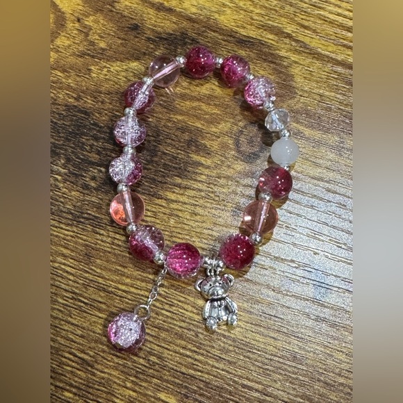Jewelry - Pink and Silver Beaded Bracelet with Bear Charm